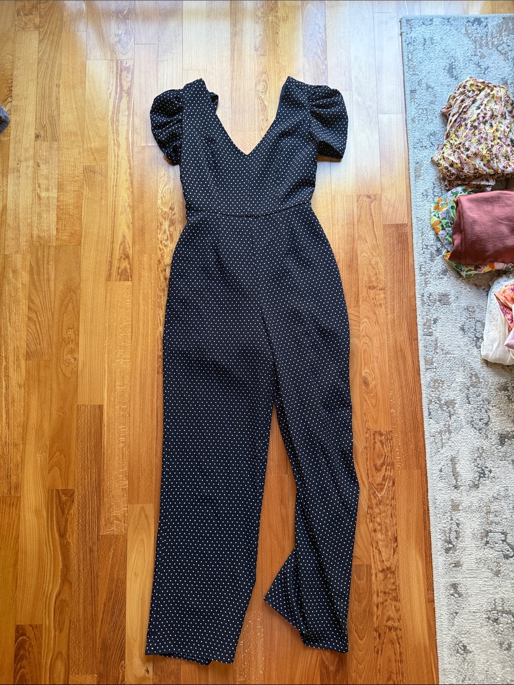 Black Polka Dot Puff-Sleeve V-Neck Jumpsuit